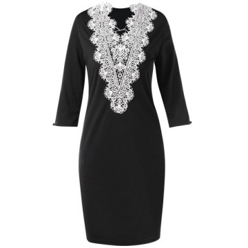 Deep V Crochet Back Slim Fit Dress - Black