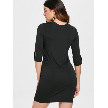 Deep V Crochet Back Slim Fit Dress - Black