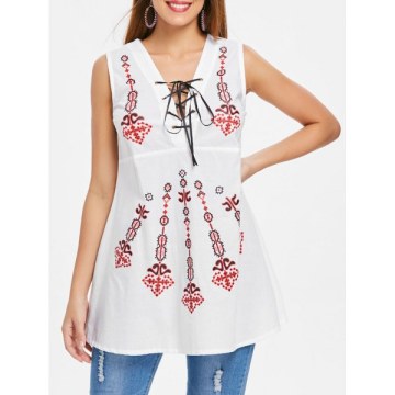 Deep V Neck Retro Printed Sleeveless Blouse - White