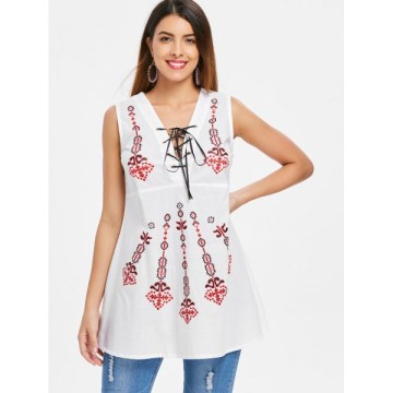 Deep V Neck Retro Printed Sleeveless Blouse - White