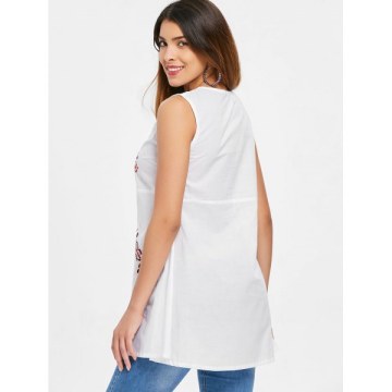 Deep V Neck Retro Printed Sleeveless Blouse - White