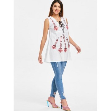 Deep V Neck Retro Printed Sleeveless Blouse - White