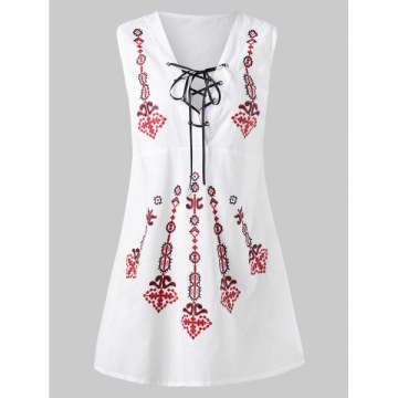 Deep V Neck Retro Printed Sleeveless Blouse - White