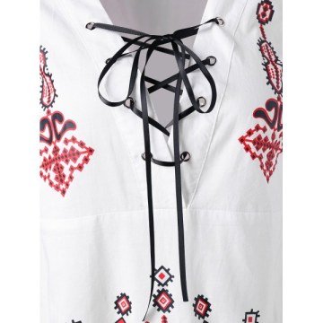Deep V Neck Retro Printed Sleeveless Blouse - White