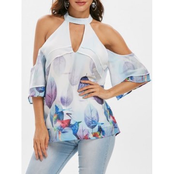 Deer Leaf Print Open Shoulder Cut Out Blouse -