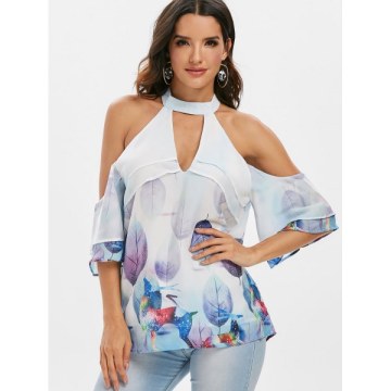 Deer Leaf Print Open Shoulder Cut Out Blouse -