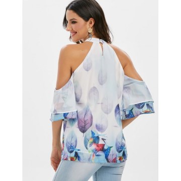 Deer Leaf Print Open Shoulder Cut Out Blouse -