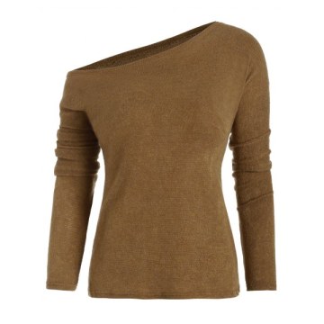 Dolman Sleeves Skew Neck Pullover Sweater - Wood