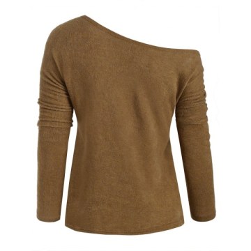 Dolman Sleeves Skew Neck Pullover Sweater - Wood