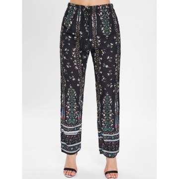 Drawstring Floral Sleeping Pants - Black