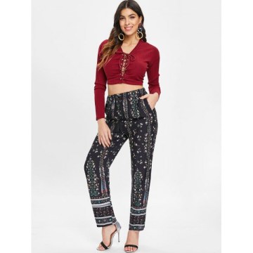 Drawstring Floral Sleeping Pants - Black