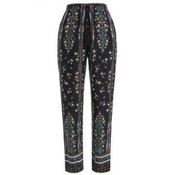 Drawstring Floral Sleeping Pants - Black