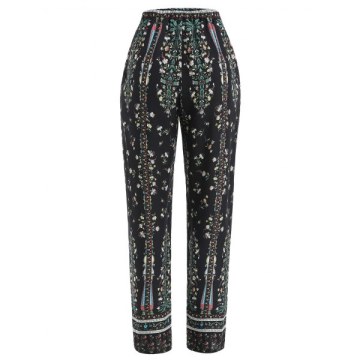 Drawstring Floral Sleeping Pants - Black