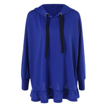 Drawstring Flounced Hoodie - Blue