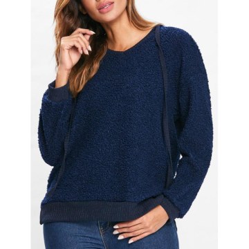 Drawstring Fluffy Hoodie - Cadetblue