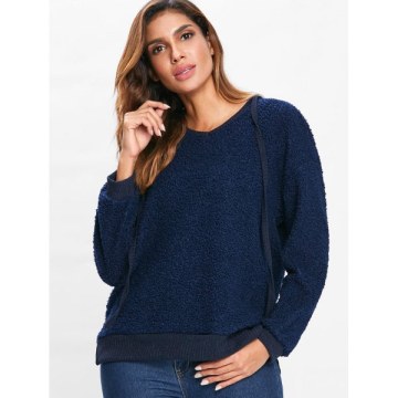 Drawstring Fluffy Hoodie - Cadetblue