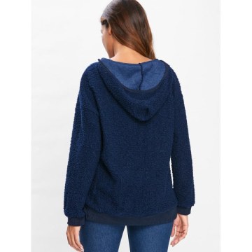 Drawstring Fluffy Hoodie - Cadetblue