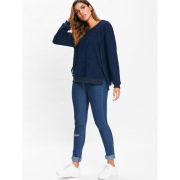 Drawstring Fluffy Hoodie - Cadetblue