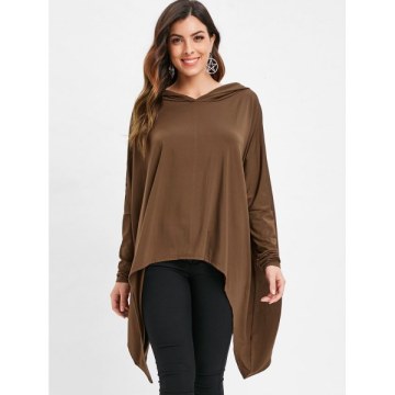 Drop Shoulder Asymmetrical Hem Hoodie - Coffee