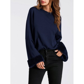 Drop Shoulder Faux Fur Insert Sweatshirt - Purplish Blue