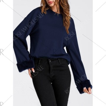 Drop Shoulder Faux Fur Insert Sweatshirt - Purplish Blue