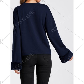 Drop Shoulder Faux Fur Insert Sweatshirt - Purplish Blue