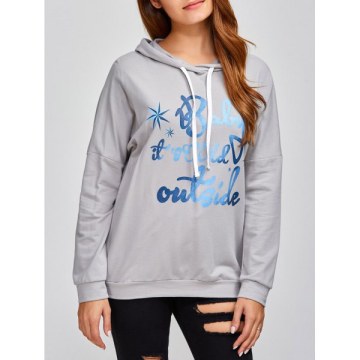 Drop Shoulder Letter Print Hoodie - Gray