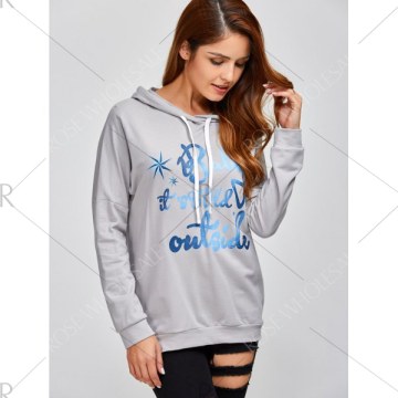 Drop Shoulder Letter Print Hoodie - Gray