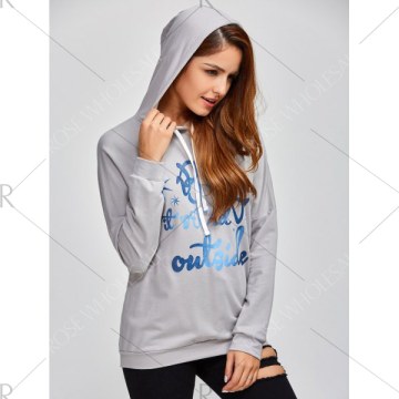 Drop Shoulder Letter Print Hoodie - Gray