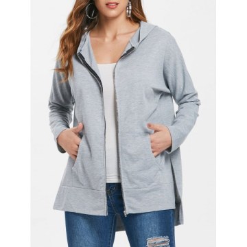 Drop houlder Long Hoodie with Zipper - Light Gray