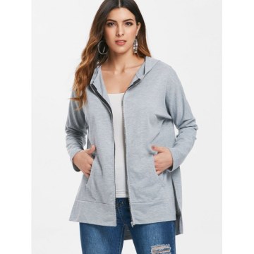 Drop houlder Long Hoodie with Zipper - Light Gray