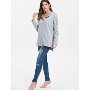 Drop houlder Long Hoodie with Zipper - Light Gray