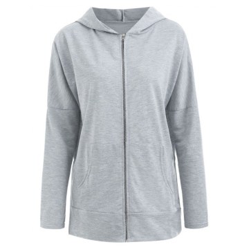 Drop houlder Long Hoodie with Zipper - Light Gray