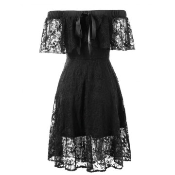 Elastic Shoulder Flare Lace Dress - Black