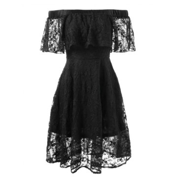 Elastic Shoulder Flare Lace Dress - Black