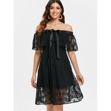 Elastic Shoulder Flare Lace Dress - Black