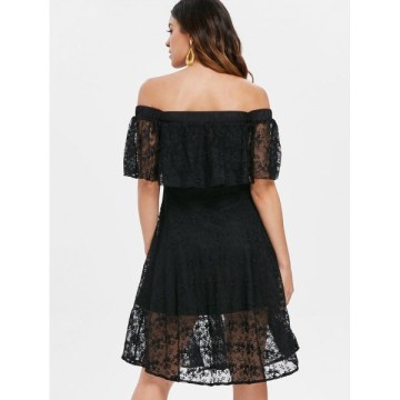 Elastic Shoulder Flare Lace Dress - Black