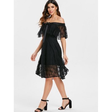 Elastic Shoulder Flare Lace Dress - Black