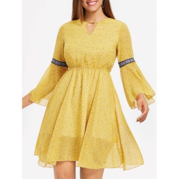 Elastic Waist Printed Fit and Flare Dress - Yellow