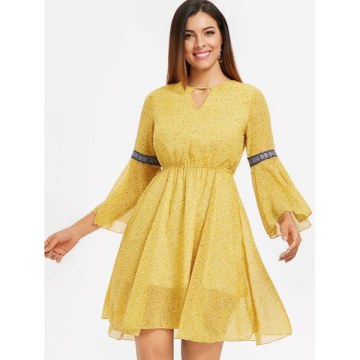 Elastic Waist Printed Fit and Flare Dress - Yellow