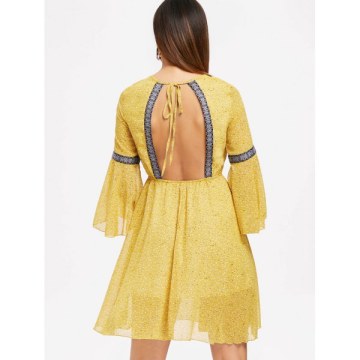 Elastic Waist Printed Fit and Flare Dress - Yellow
