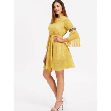Elastic Waist Printed Fit and Flare Dress - Yellow