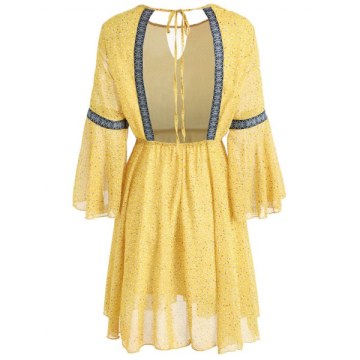 Elastic Waist Printed Fit and Flare Dress - Yellow