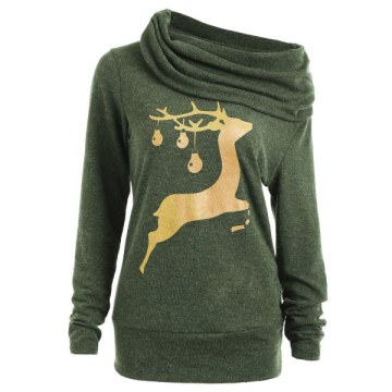 Elk Deer Print Cowl Neck Pullover weatshirt - Olive Green