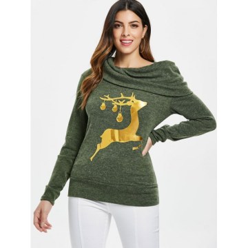Elk Deer Print Cowl Neck Pullover weatshirt - Olive Green