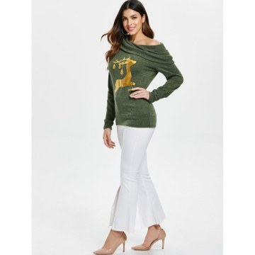 Elk Deer Print Cowl Neck Pullover weatshirt - Olive Green