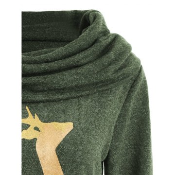Elk Deer Print Cowl Neck Pullover weatshirt - Olive Green