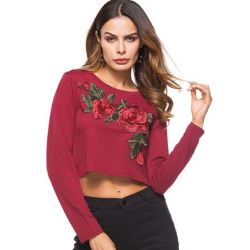 Embroidered Cropped T-shirt - Red Wine