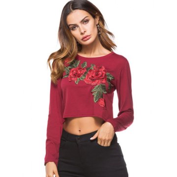 Embroidered Cropped T-shirt - Red Wine