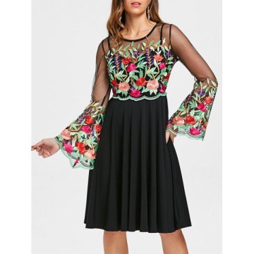 Embroidered Sheer Mesh Insert Dress - Black